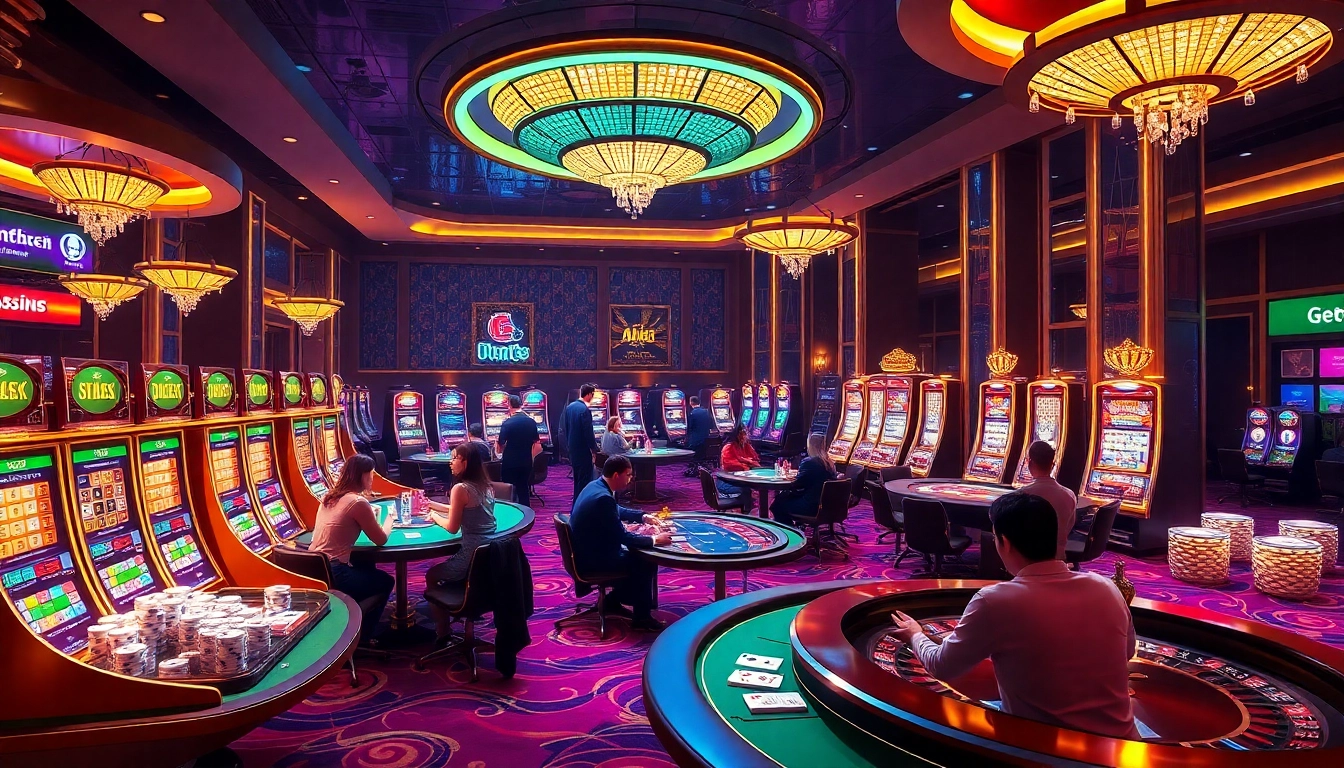 Players winning at Jun88 casino tables with vibrant slot machines and poker chips.