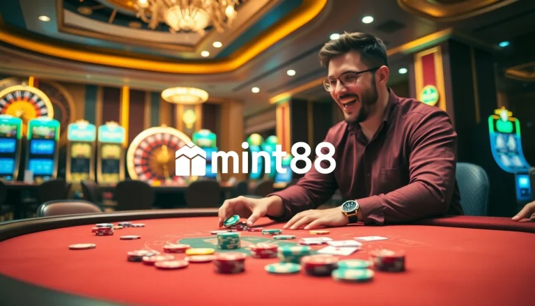 Action-packed casino scene showcasing mint88 poker strategies at a vibrant table.