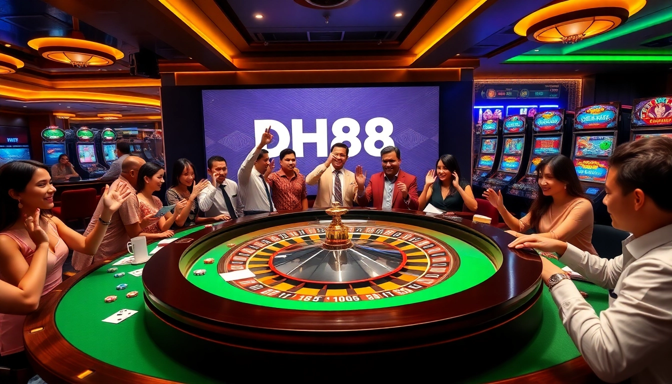 Players celebrating a win at DH88 casino with vibrant roulette table and colorful chips.