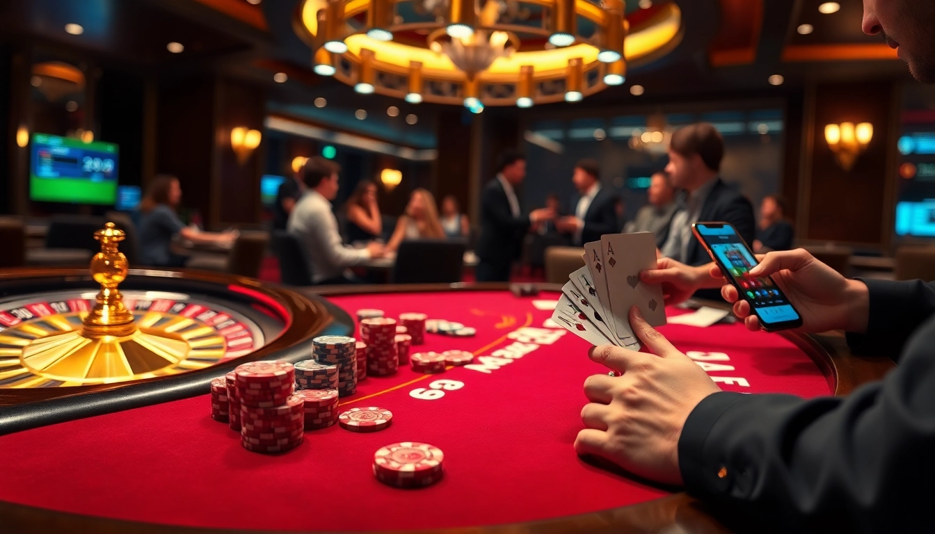 Players enjoying poker and roulette in a luxury casino, highlighting xin88's gaming excitement.