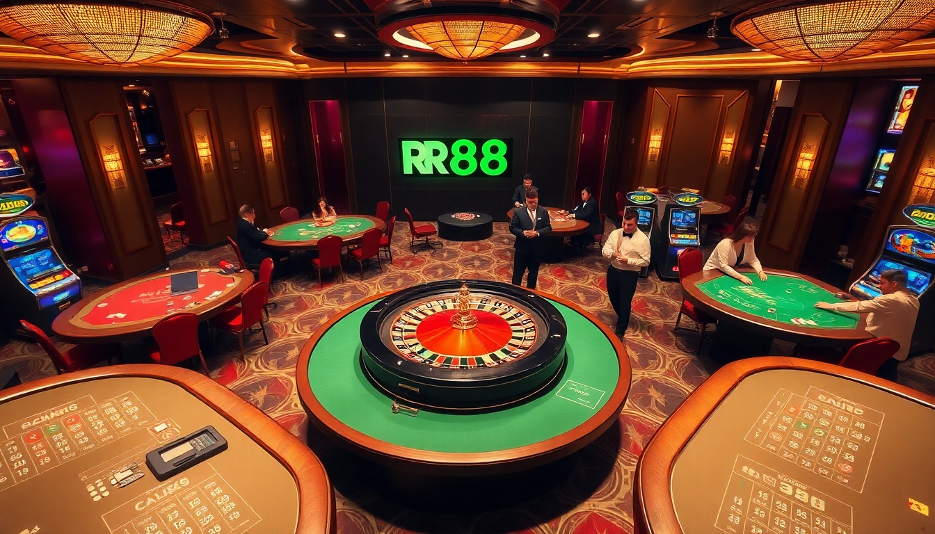 Dynamic casino scene with players enjoying RR88 games at elegant tables and vibrant slot machines.