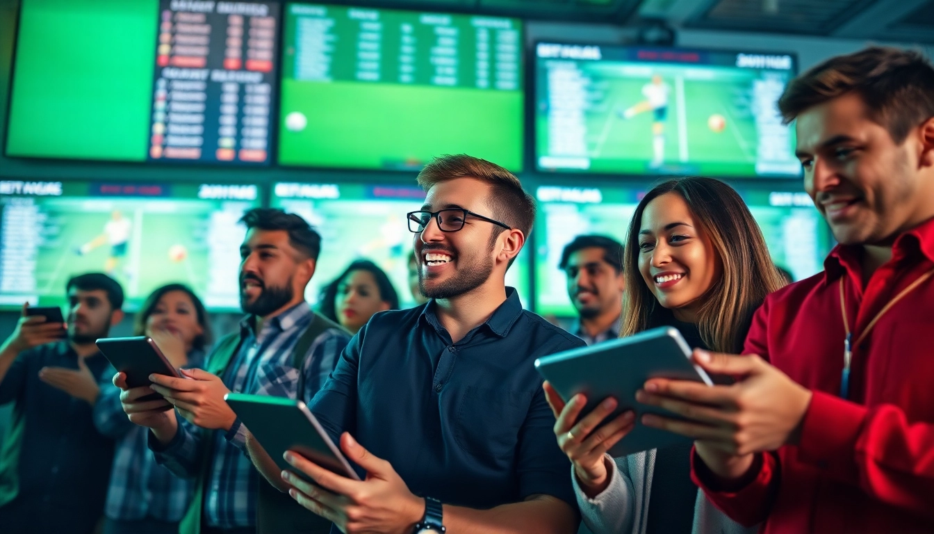 Excited group analyzing keonhacai betting odds on digital devices during a live soccer match.