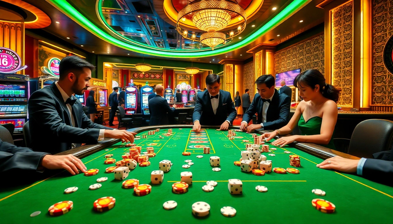 Engaged players enjoying game tài xỉu at an upscale casino table with vibrant chips.