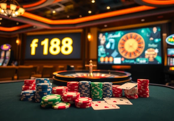 Engaging casino scene featuring exciting f168 poker chips and vibrant gaming tables.
