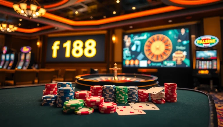 Engaging casino scene featuring exciting f168 poker chips and vibrant gaming tables.