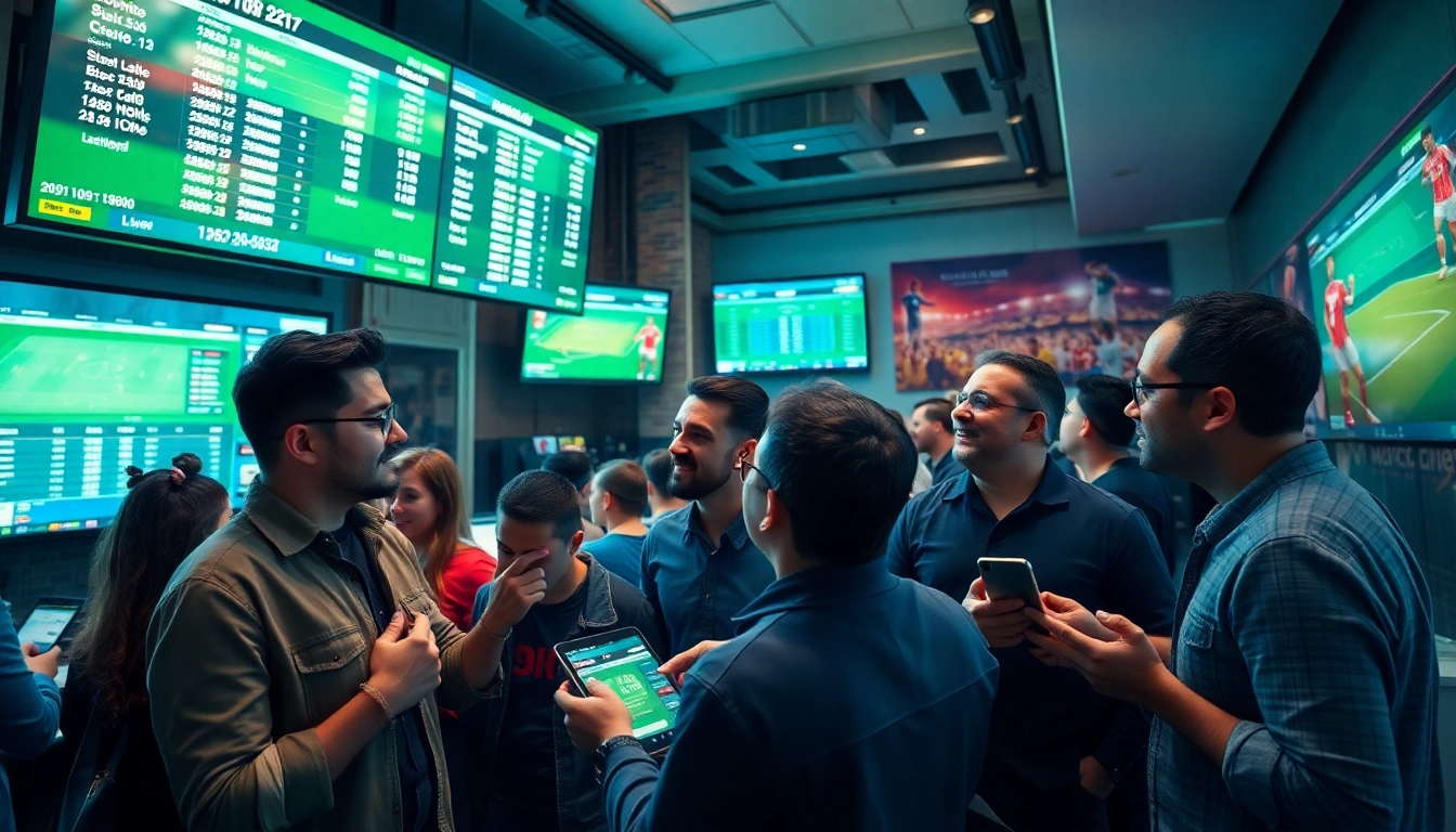 Kèo nhà cái betting scene with enthusiastic football bettors analyzing live odds and stats.