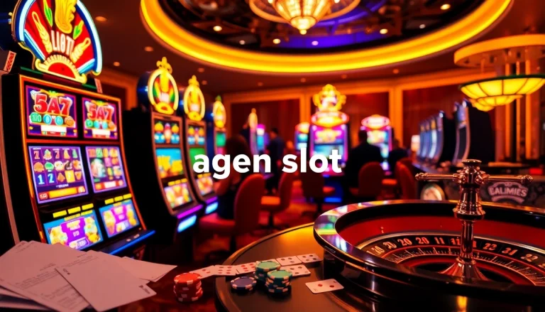 Exciting players engaging with agen slot machines in a vibrant casino atmosphere.