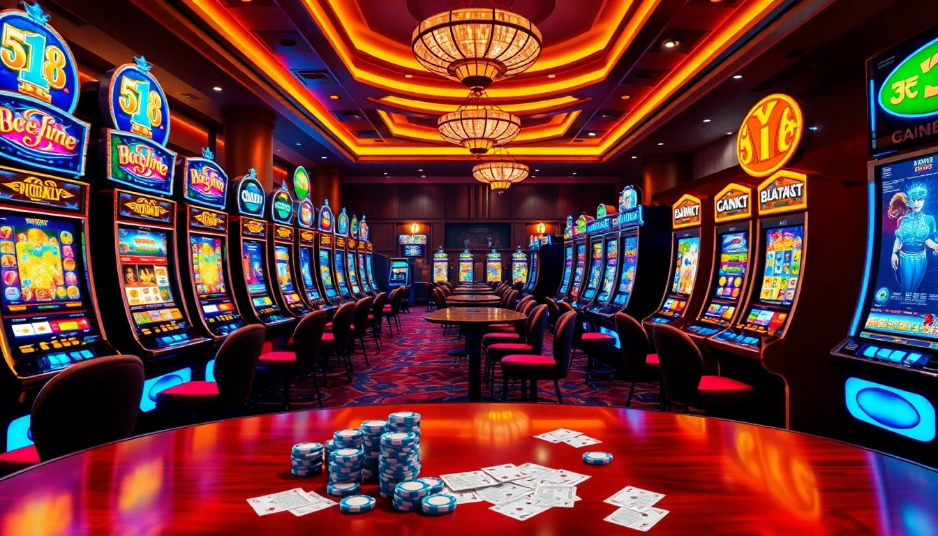 Pemain terlibat dengan mesin slot yang menarik di lingkungan kasino yang penuh warna.
