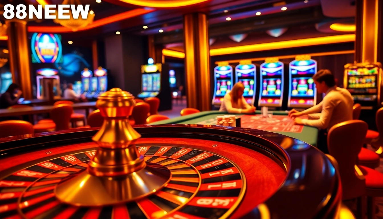 Experience thrilling gambling action at 888NEW's vibrant casino, featuring roulette wheels and poker chips.