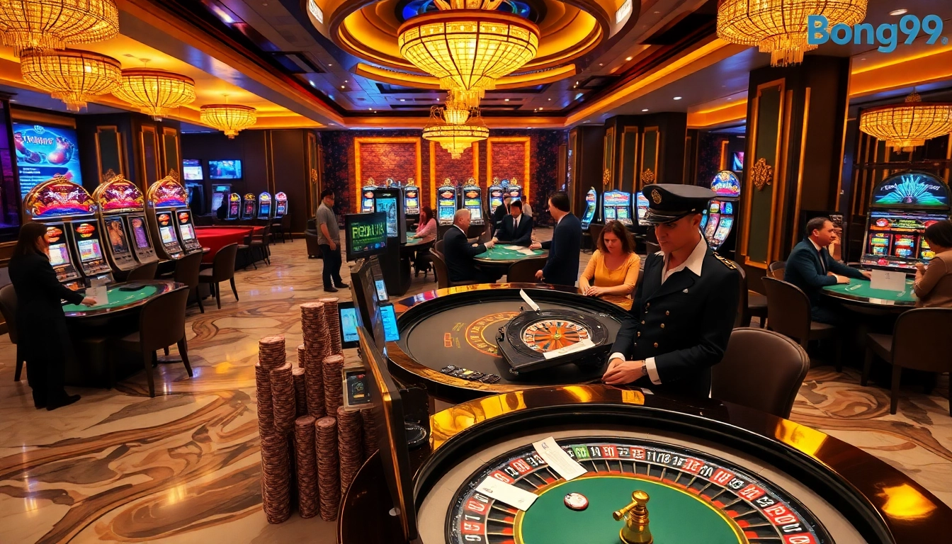 Players engaging in exciting games at bong99's luxurious casino setup with roulette and blackjack tables.