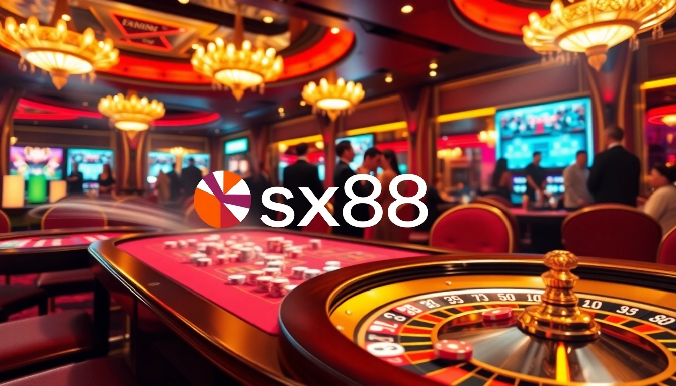 Engage with sx88 in a luxurious casino experience featuring vibrant poker tables and roulette wheels.