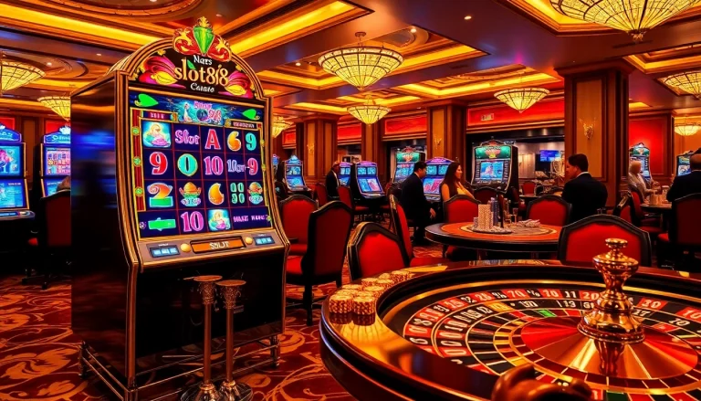 Engaging with slot88 on a luxurious casino floor filled with vibrant slot machines and poker chips.