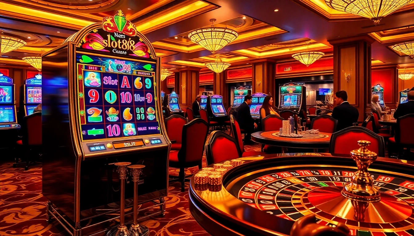 Engaging with slot88 on a luxurious casino floor filled with vibrant slot machines and poker chips.