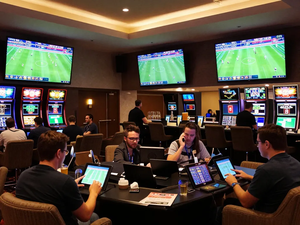 KQBD sports betting lounge filled with enthusiastic bettors analyzing live football matches and odds.