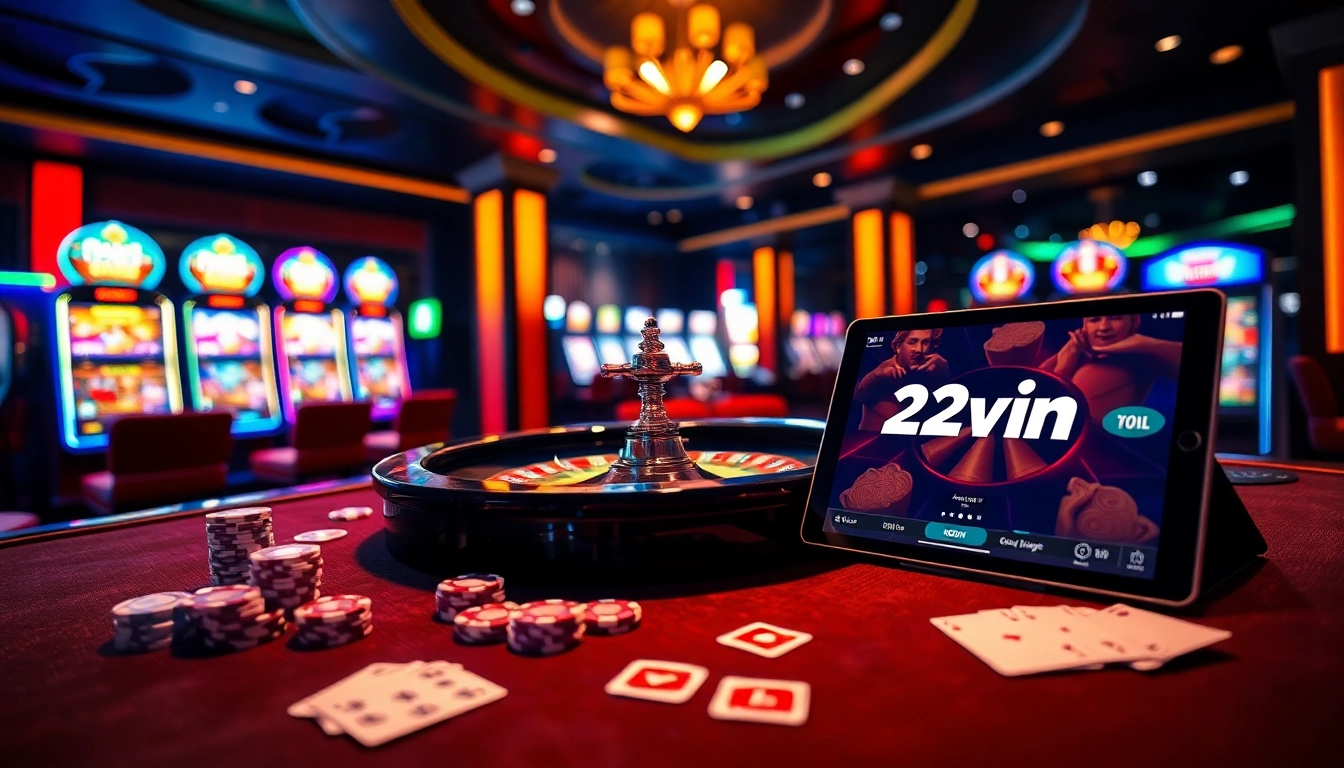 Exciting scene of 23win casino with roulette and poker chips, showcasing vibrant gambling action.