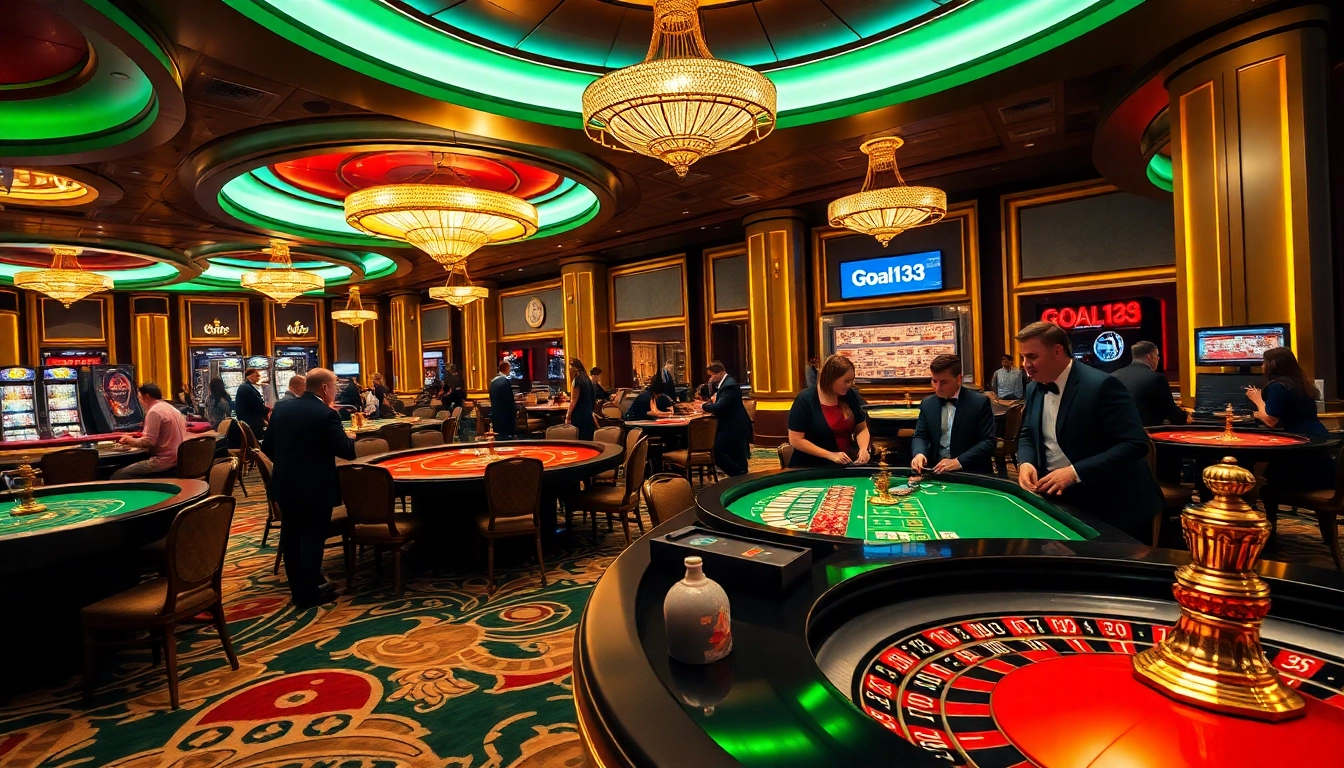 Players enjoying high-stakes poker at Goal123 casino, surrounded by vibrant gaming tables and excitement.