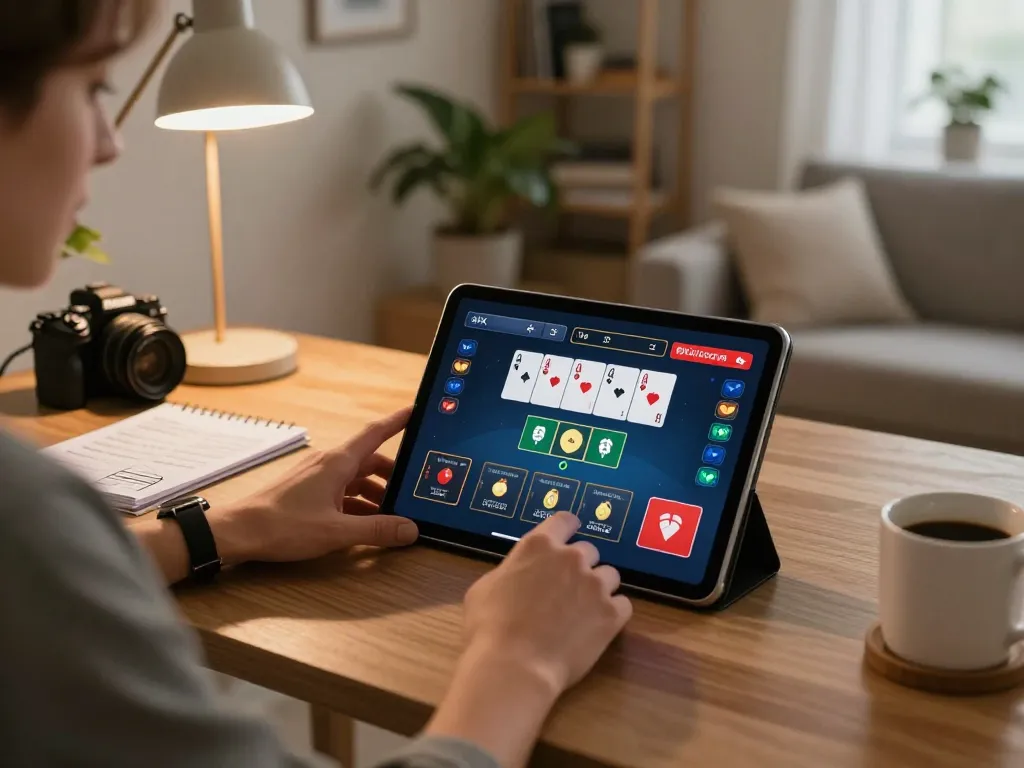 Engaging moment of F8BET player enjoying online poker on a tablet with strategy notes in cozy setting.