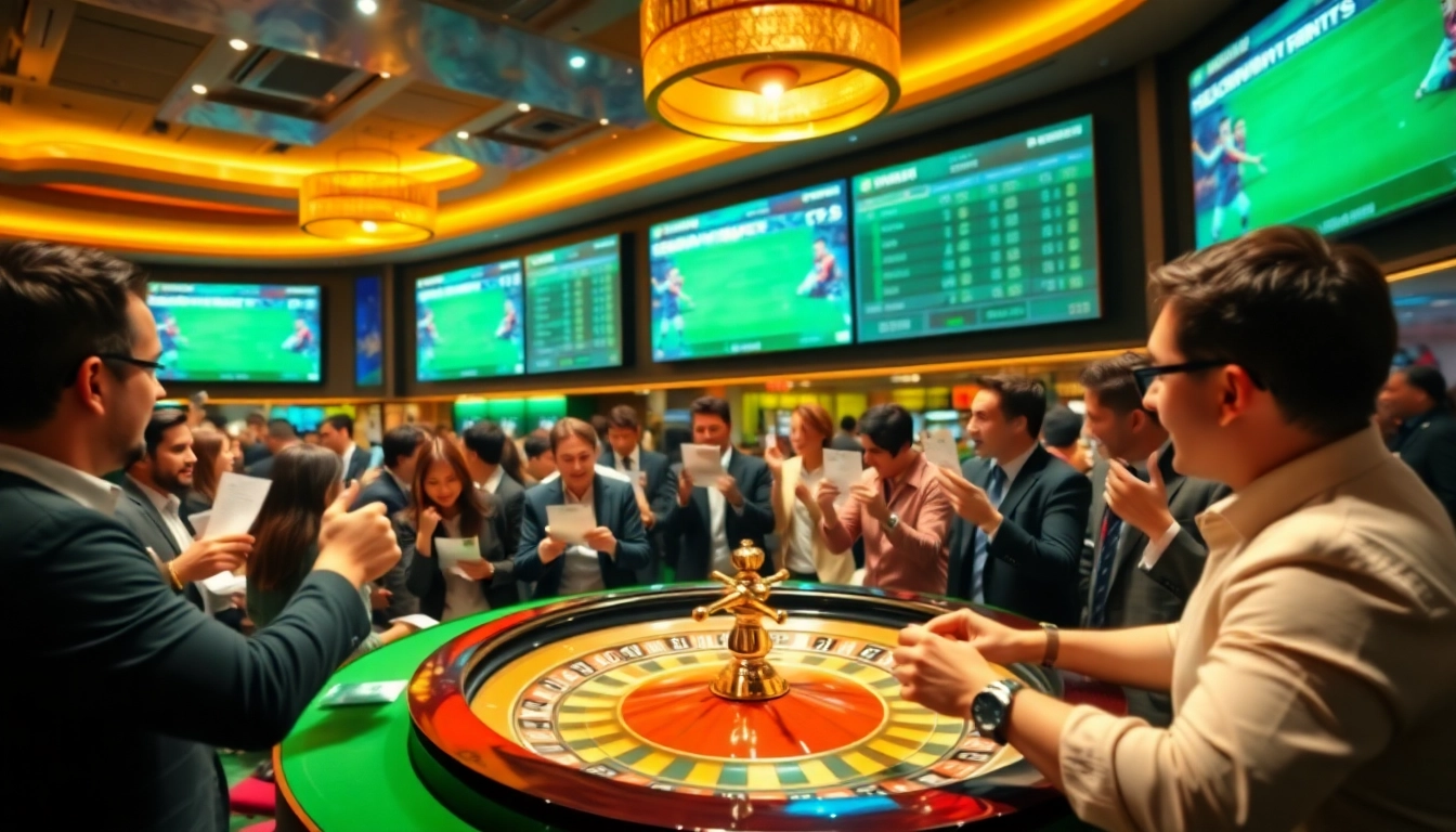 Excited players betting on Judi Bola at a vibrant casino with modern sports screens.