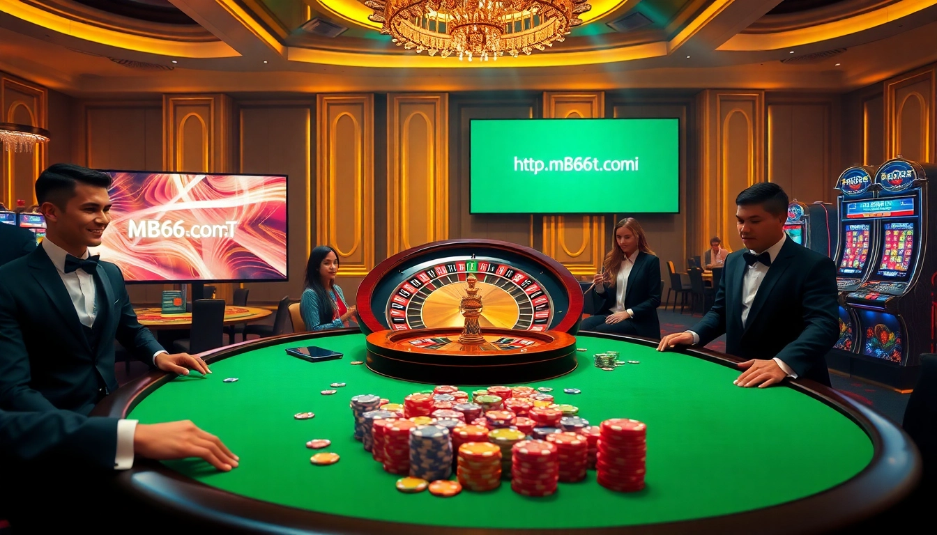 Experience thrilling gameplay at https://mb66-t.com/ with a luxurious casino atmosphere featuring poker tables and roulette.