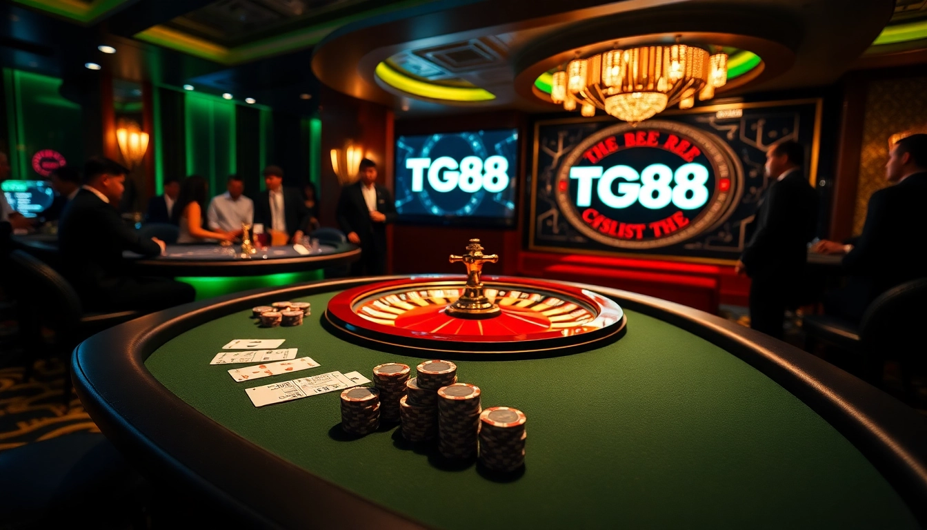 Experience the thrill of gambling at TG88 with elegant tables and eager players in a luxurious casino setting.
