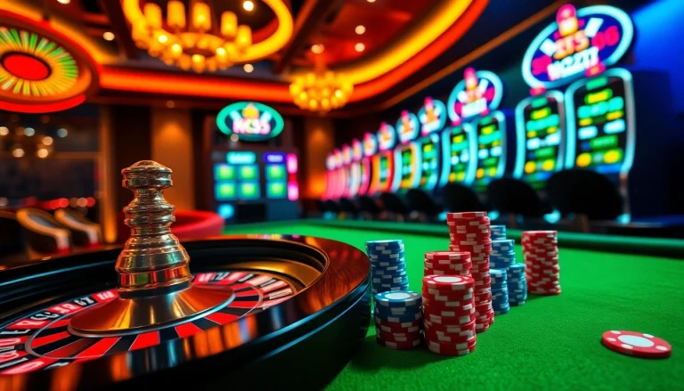 View of an exciting KK55 online casino table with roulette and poker chips.