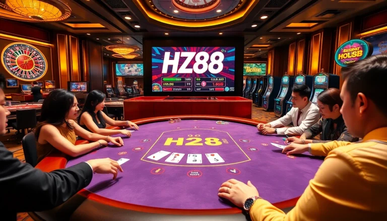 Players enjoying a thrilling game at the HZ88 poker table, showcasing vibrant casino elements.