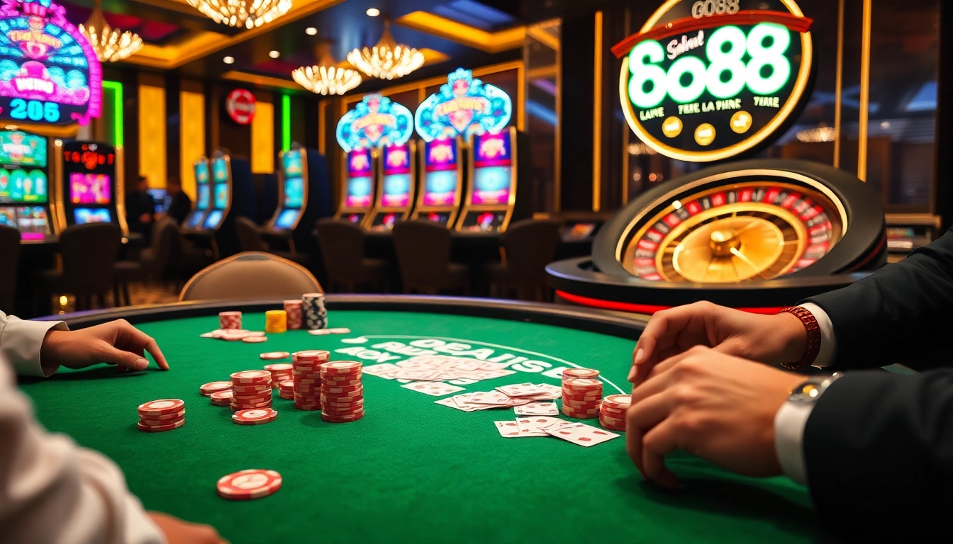 Experience the thrill of go88 with an elegant casino scene featuring poker tables and slot machines.