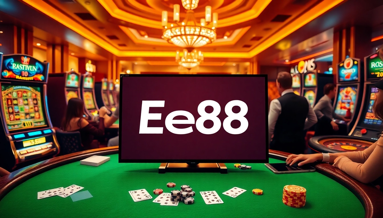 Scene featuring gamblers at EE88 casino tables with vibrant chips and eager excitement.