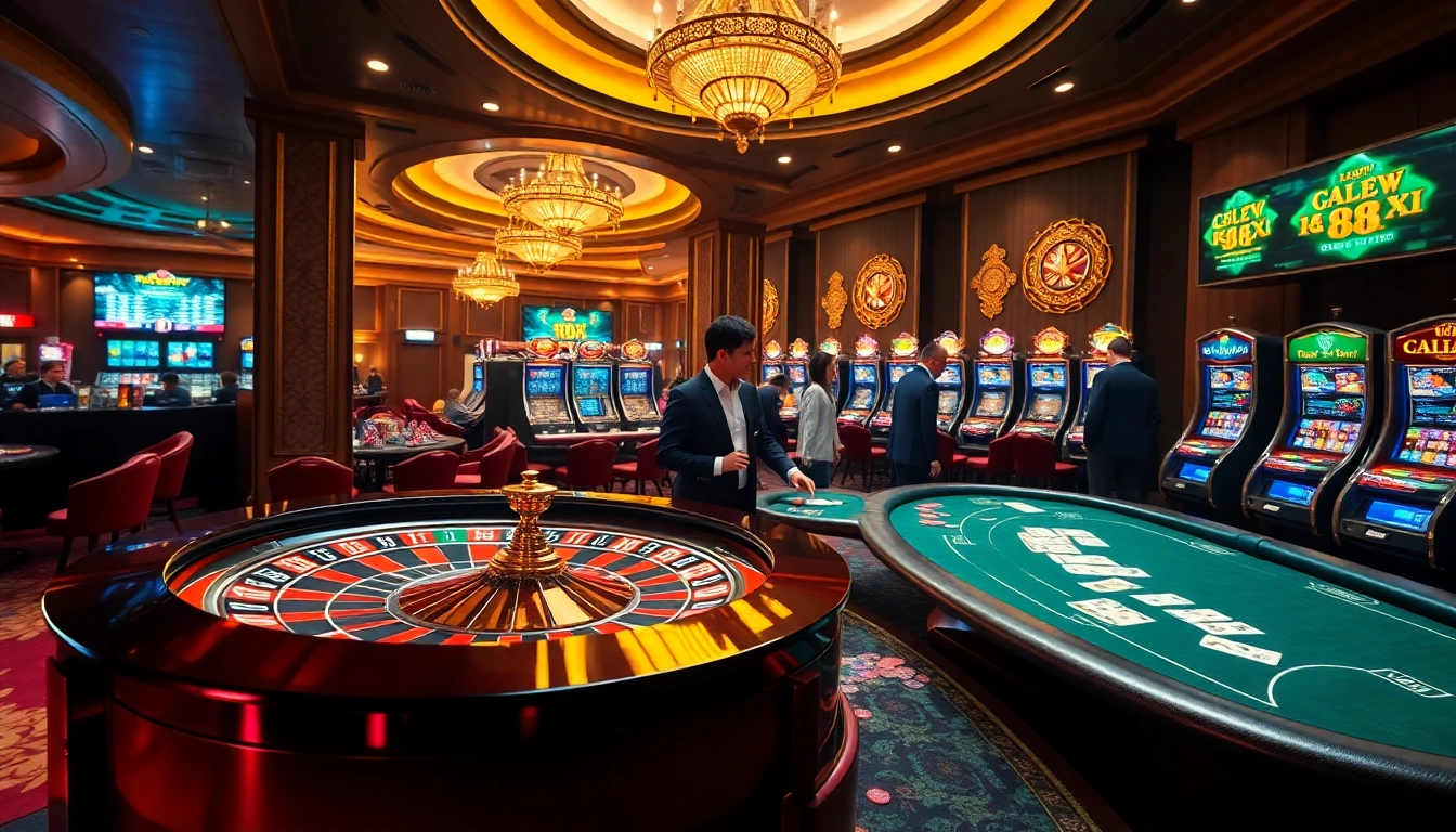 A captivating casino scene at 88xx with players engaged in thrilling roulette and poker games.