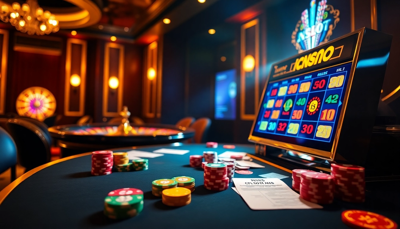 Gambling scene with idnslot slot machine, poker chips, and roulette wheel capturing casino excitement.