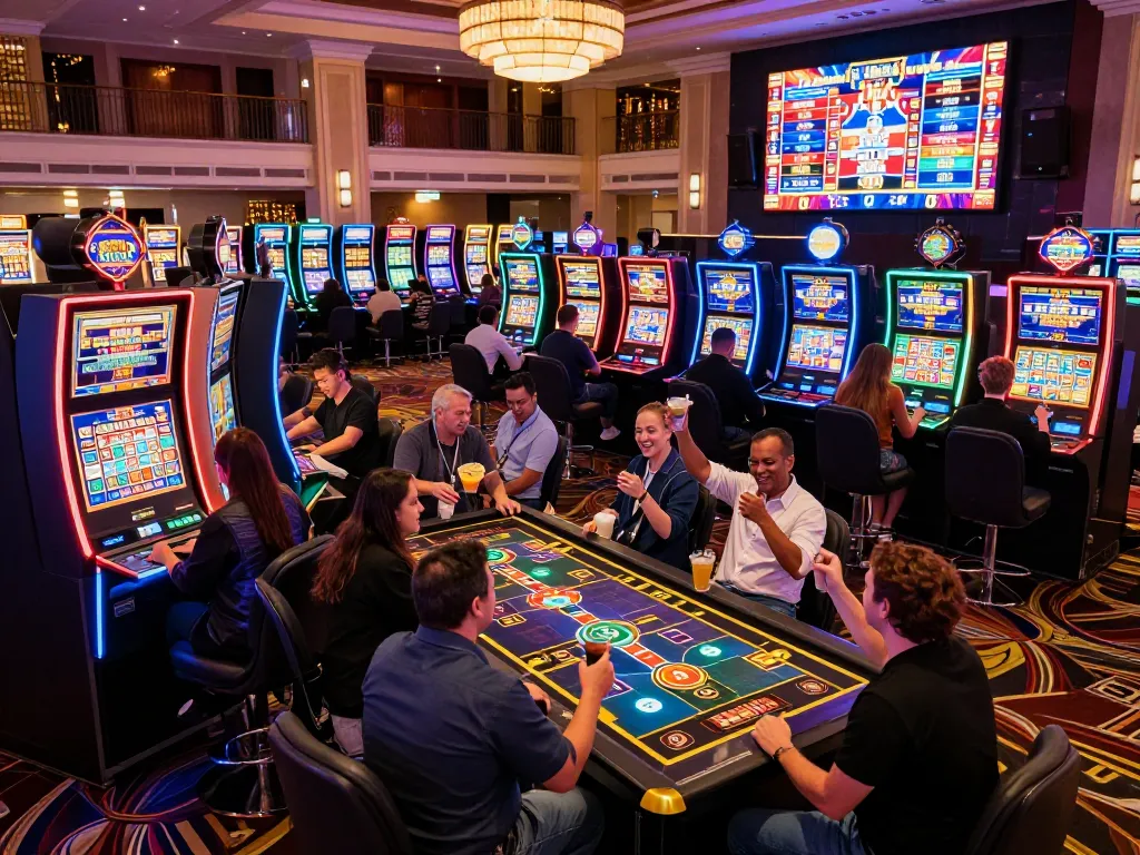 Experience the thrill of luck 8 on a lively casino floor with colorful slots and excited players.