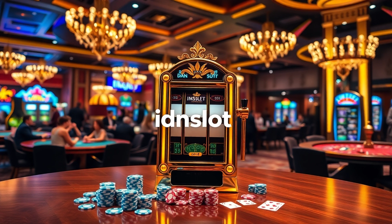 A player enjoying an idnslot casino experience at a lively slot machine surrounded by poker tables.