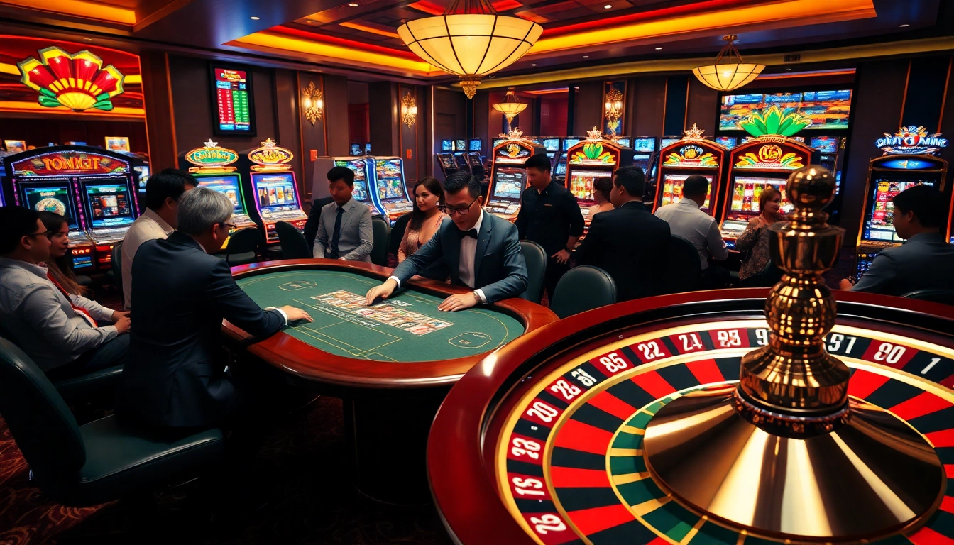 Exciting gaming scene at hello88 casino with players at the poker table and slot machines.