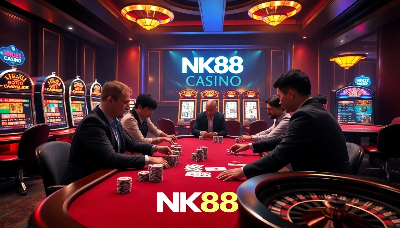 Players enjoying a high-stakes poker game at the NK88 casino, surrounded by vibrant slot machines and a roulette wheel.