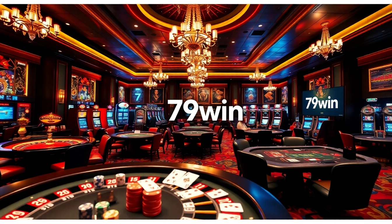 Exciting casino gaming scene with 79win logo displayed, featuring roulette and poker tables.