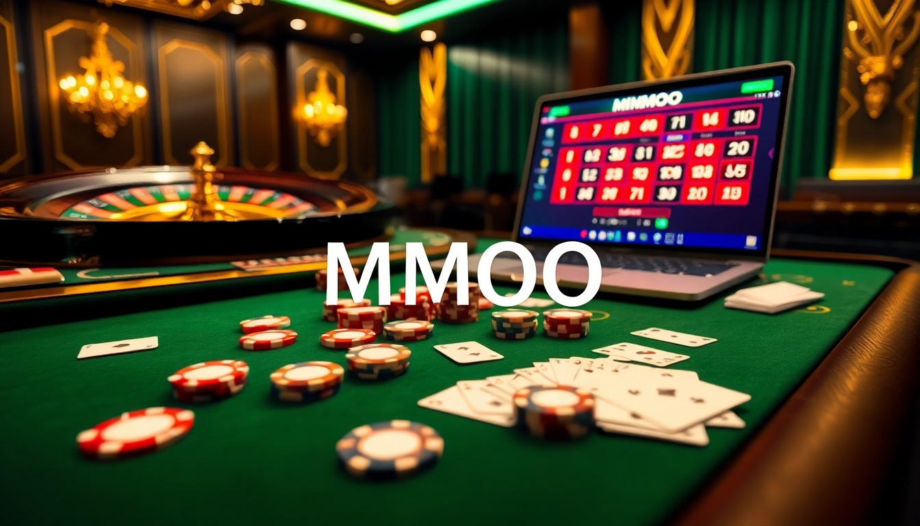 MMOO online casino setting with vibrant chips, cards, and a roulette wheel highlighting luxury and excitement.