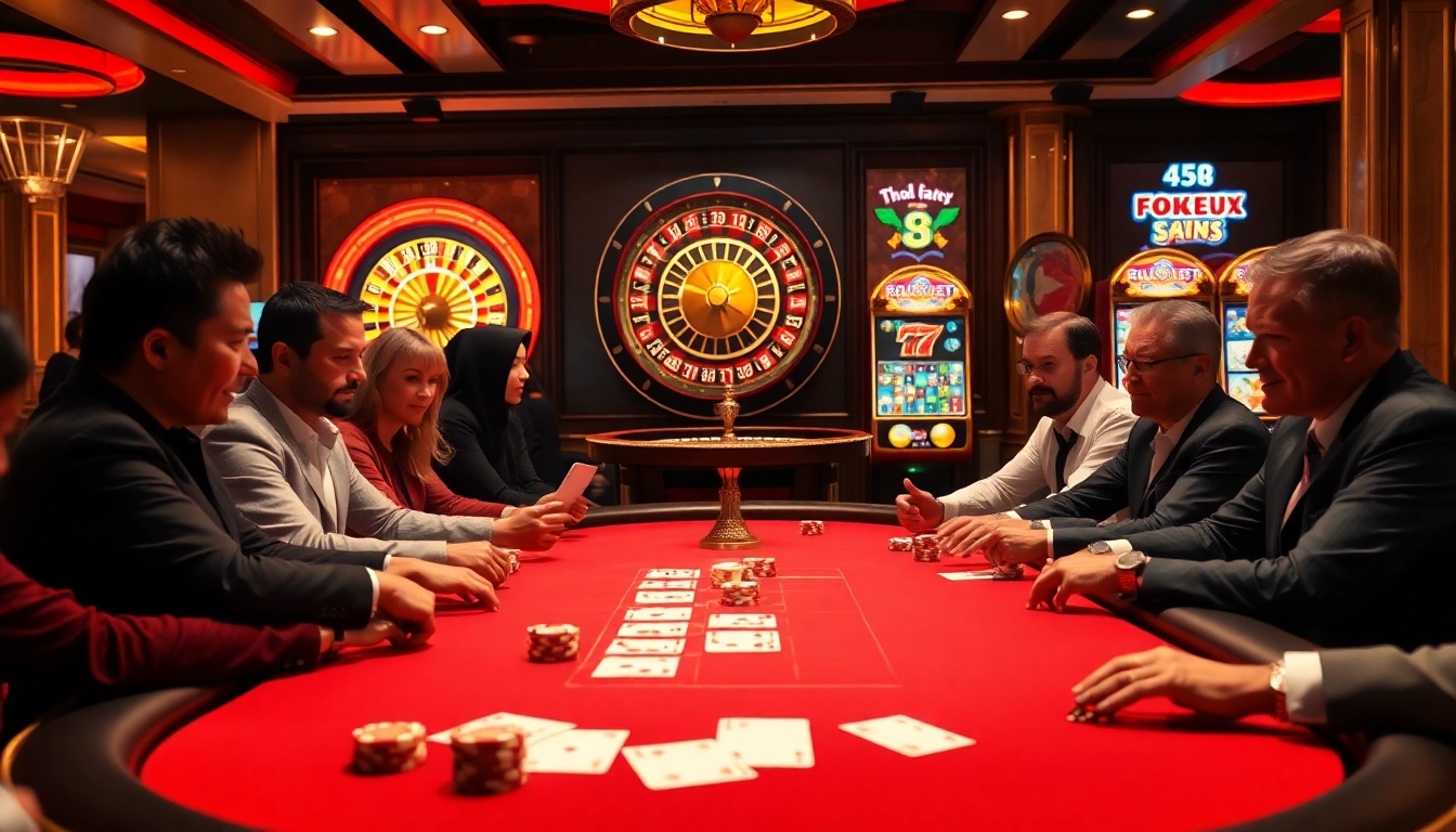 Players engaging with the poker table at an opulent casino featuring ok8386-themed elements.