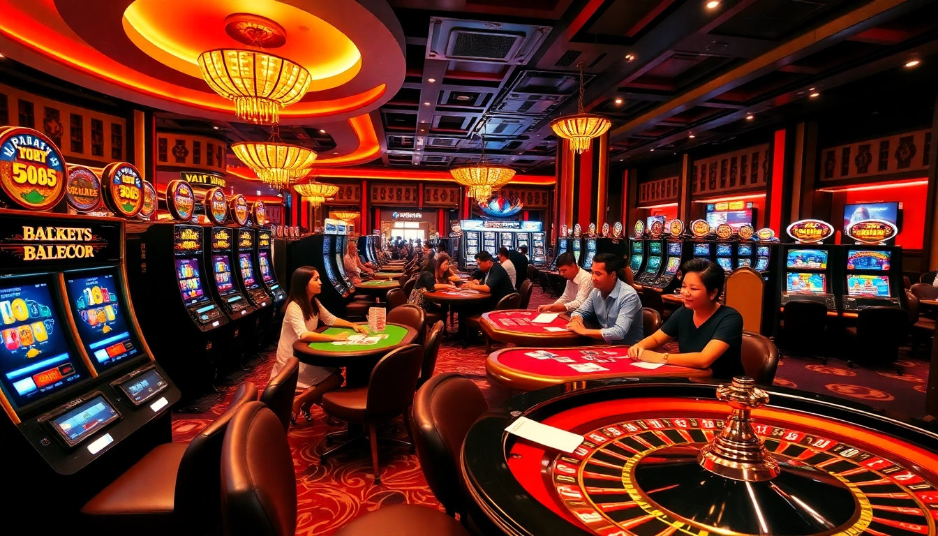 Suasana kasino yang menakjubkan menampilkan mesin slot dan meja poker yang fokus pada aman788 slot gacor dan kegembiraan jackpot harian.