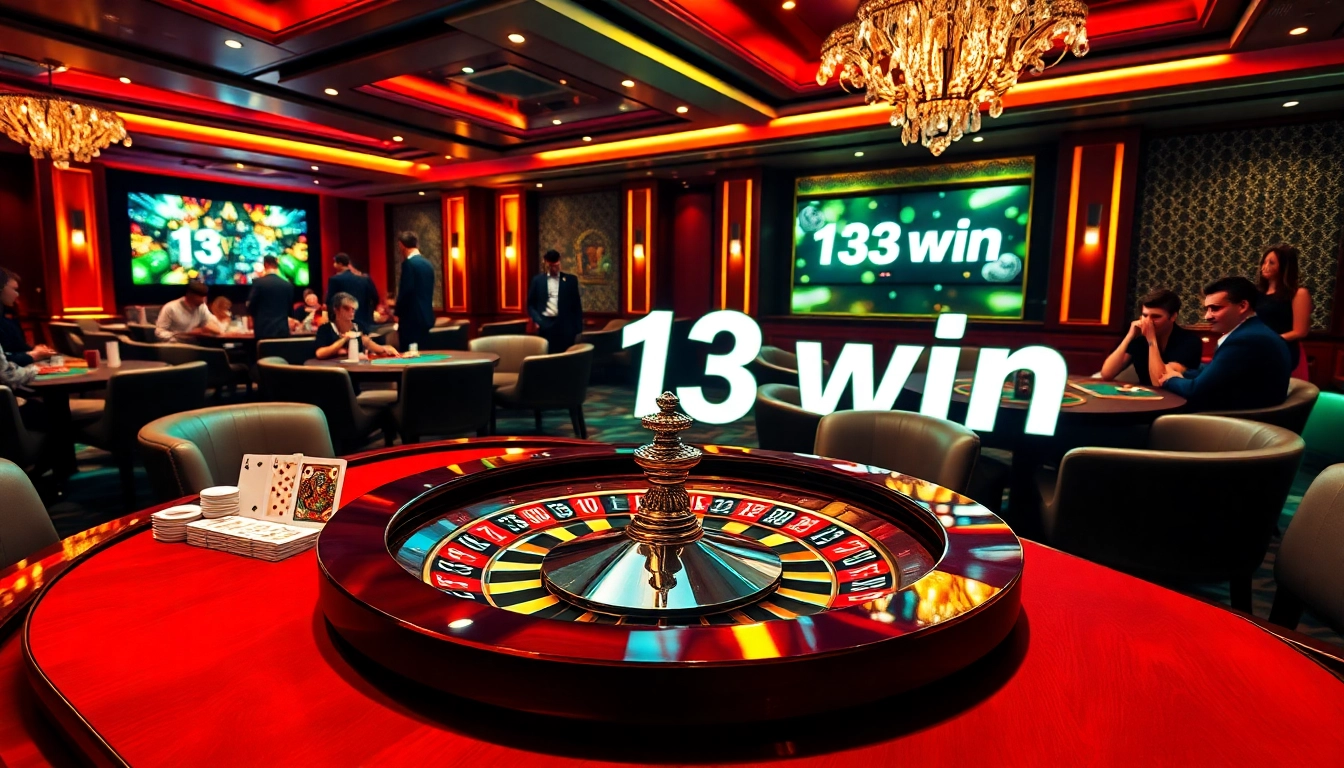 Exciting 13win poker action at a luxurious casino table with chips and cards.