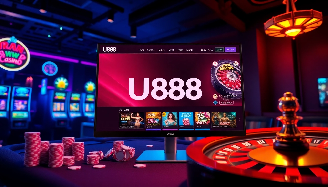 Engaging scene of U888 online gambling interface set in a vibrant casino environment.