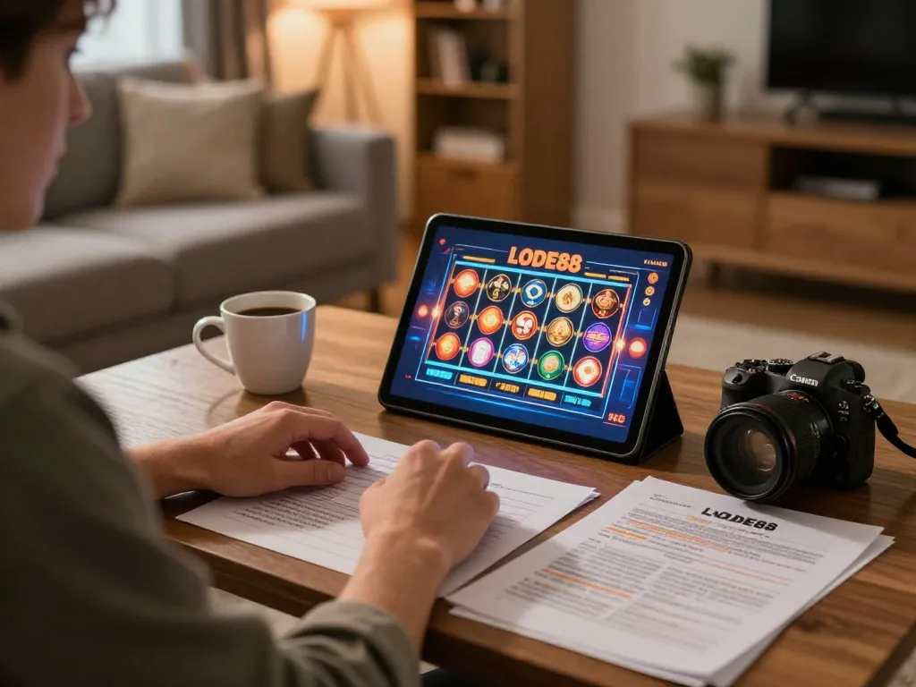Player enjoying LODE88 online casino on tablet with vibrant slot games visible, promoting responsible gaming.
