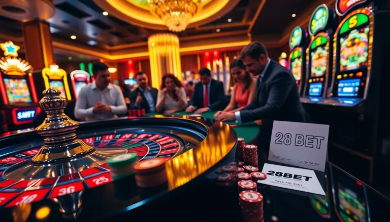 Experience the excitement of betting at 28BET with poker chips and roulette in a vibrant casino scene.
