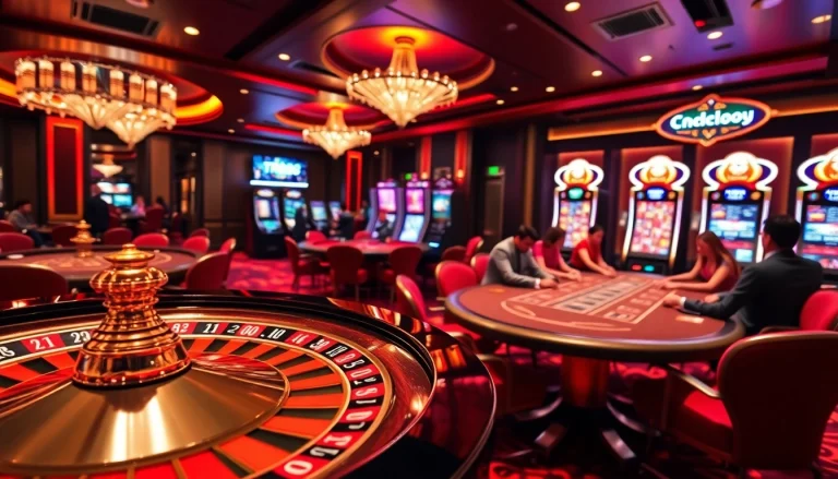 Exciting casino scene with players at a blackjack table, featuring tr88-themed gaming elements.