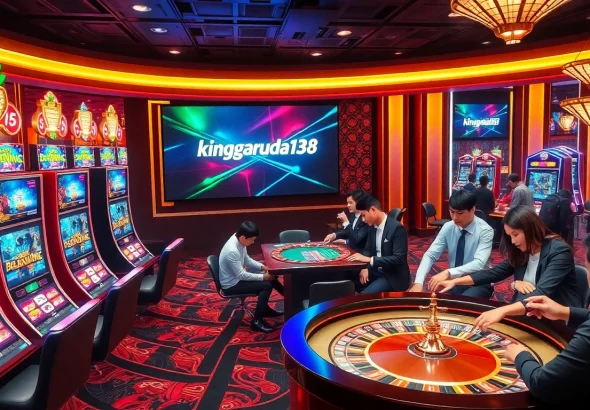 Engaged players enjoying games at kinggaruda138 casino with vibrant slot machines and roulette tables.