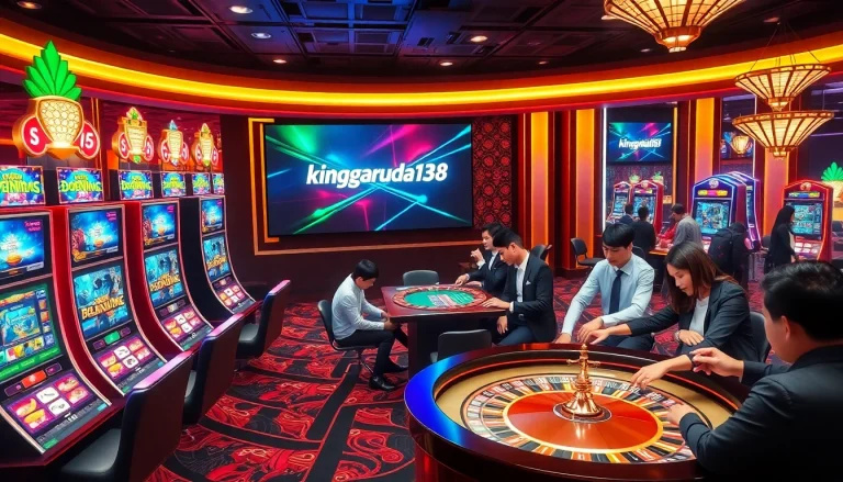 Engaged players enjoying games at kinggaruda138 casino with vibrant slot machines and roulette tables.