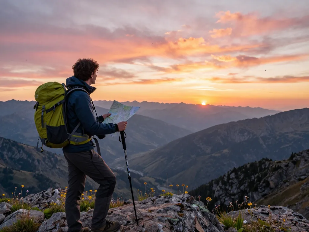 Fly88 adventurer at mountain summit enjoying sunset views over scenic valley.