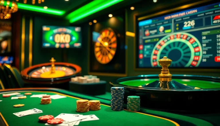 Experience the excitement of OKATM with a luxury casino environment featuring a poker table and roulette wheel.