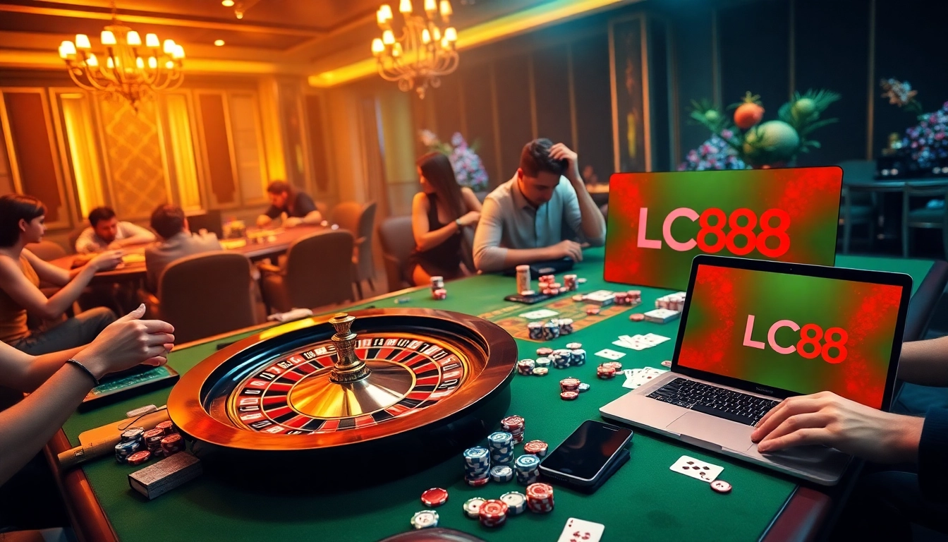 Players enjoying a thrilling poker game at an LC88 casino table with vibrant chips and cards.