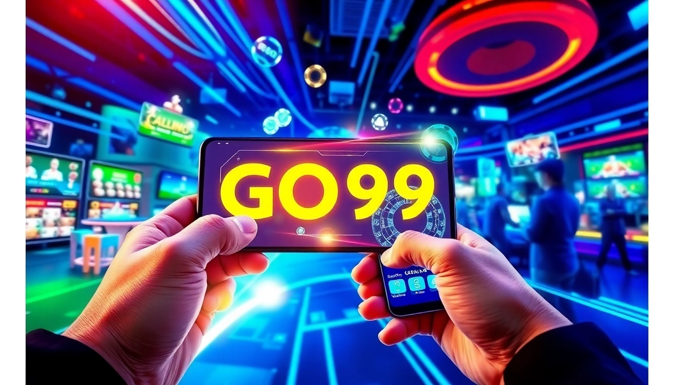 User engaging with the GO99 taem online gaming platform on a smartphone, showcasing vibrant digital gaming elements.