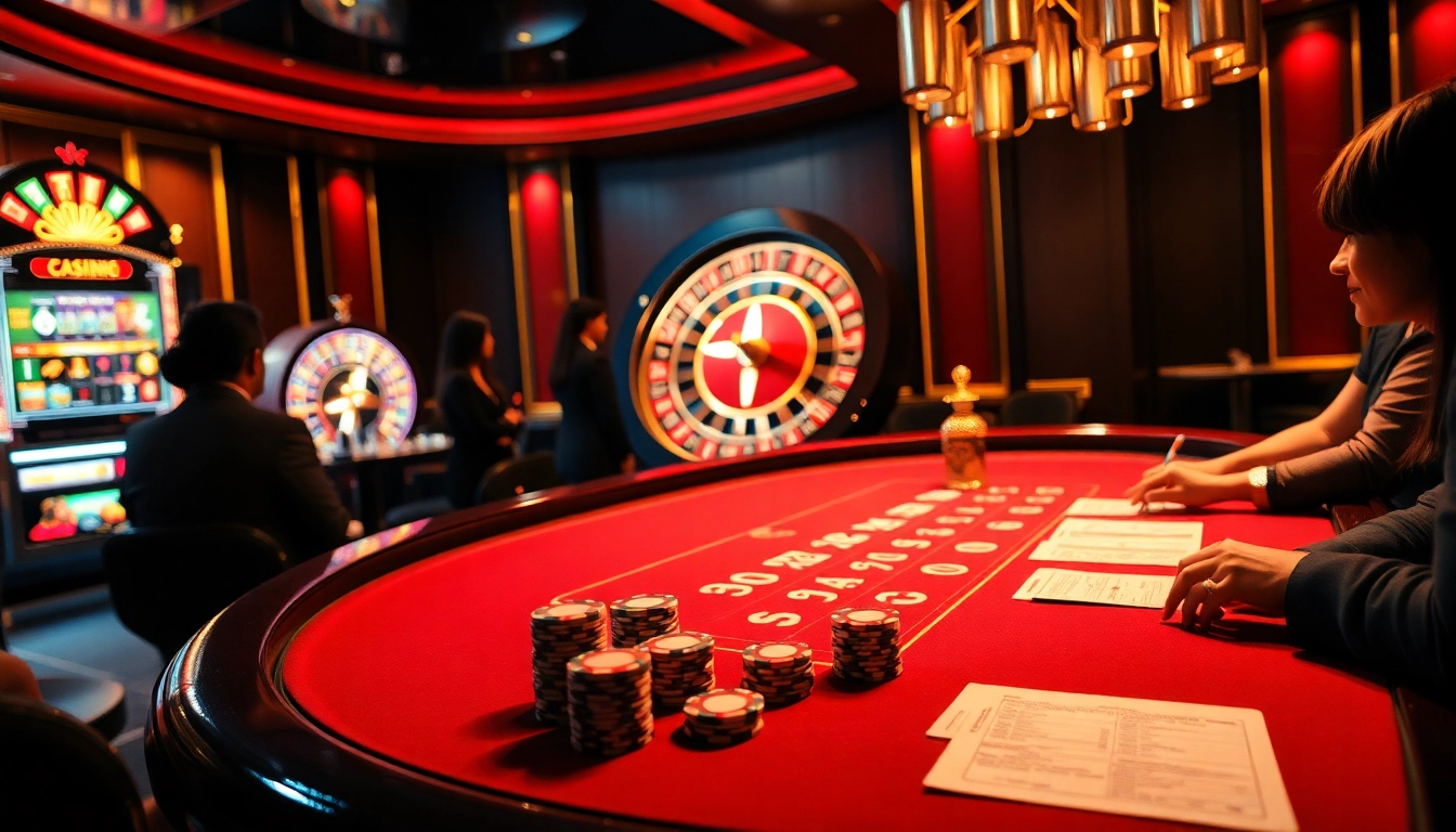 Engage with thrilling games at https://rr9957.com/ featuring poker chips, a roulette wheel, and vibrant casino atmosphere.